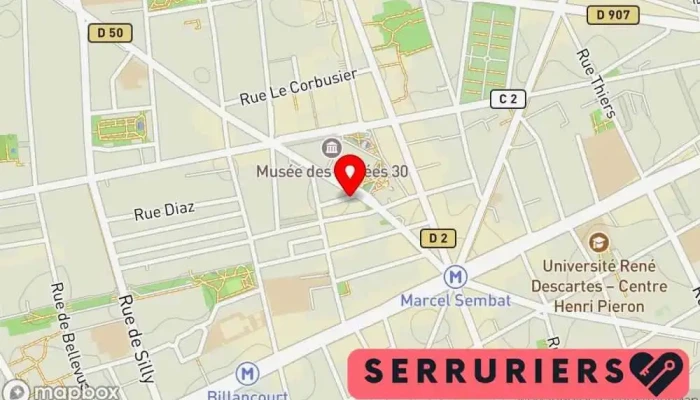 carte de Serrurerie Centrale - serrurier Boulogne Serrurier, Service de serrurerie d'urgence, Magasin de coffres-forts à Boulogne-Billancourt